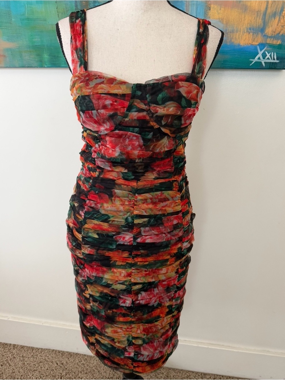 O.P.T. NWT Floral Mesh Ruched Midi Dress Italian Designer Dupe S